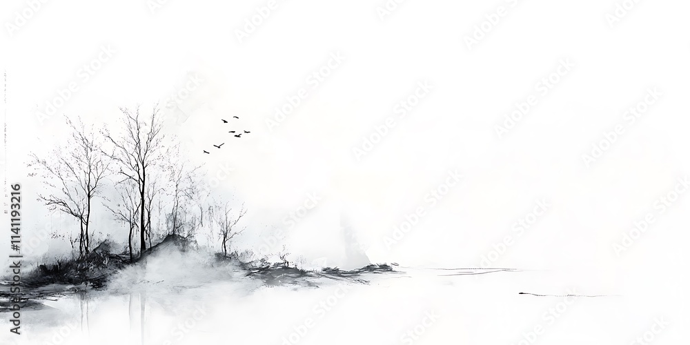 Winter Landscape With Bare Trees And Flying Birds Winter Landscape With Bare Trees And Flying Birds