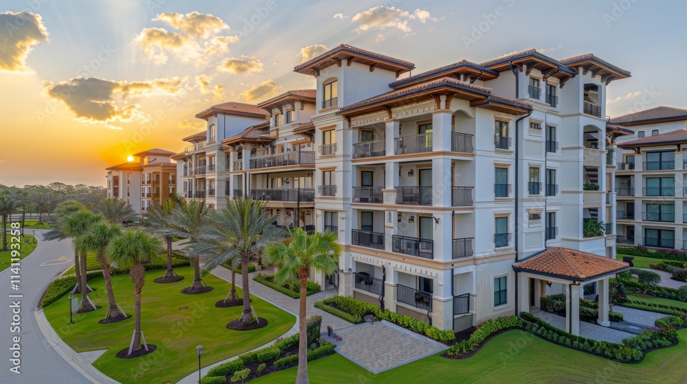 Fototapeta premium Luxury building with sunset.