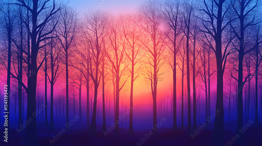 Dawn forest at dawn when the first rays. Dawn. Illustration Dawn forest at dawn when the first rays. Dawn. Illustration