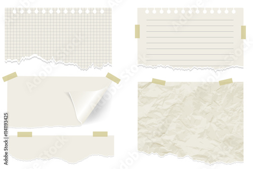 Ripped Texture Torn Paper pieces vector set. Crumpled Paper sheet with Ripped edges. Empty highlight Frame. Abstract Realistic set of ripped white paper sheets png isolated on white background.