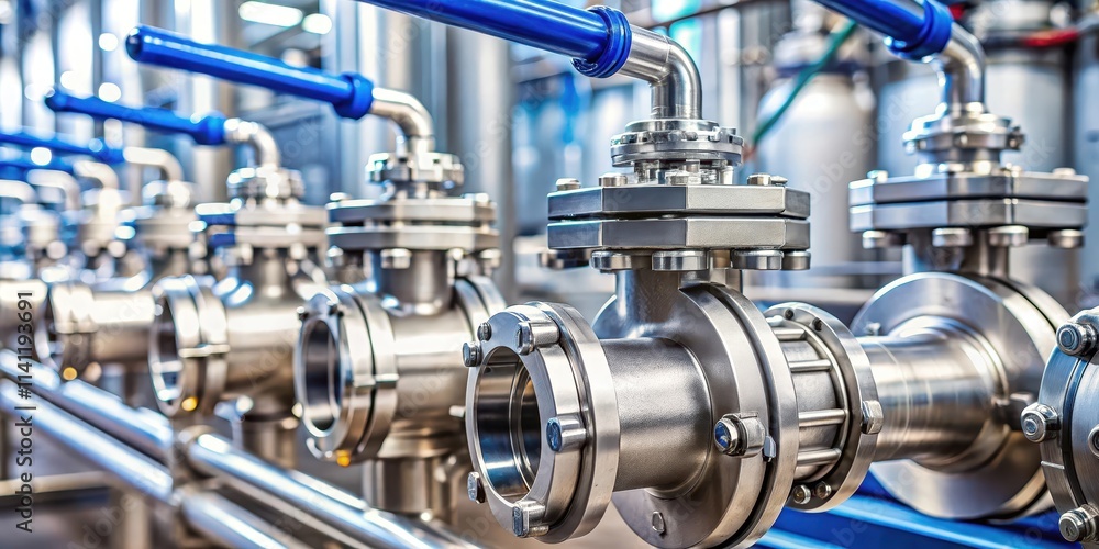 Close up of manual stainless ball valves in pipes for water supply at factory, industrial equipment concept Close up of manual stainless ball valves in pipes for water supply at factory, industrial equipment concept