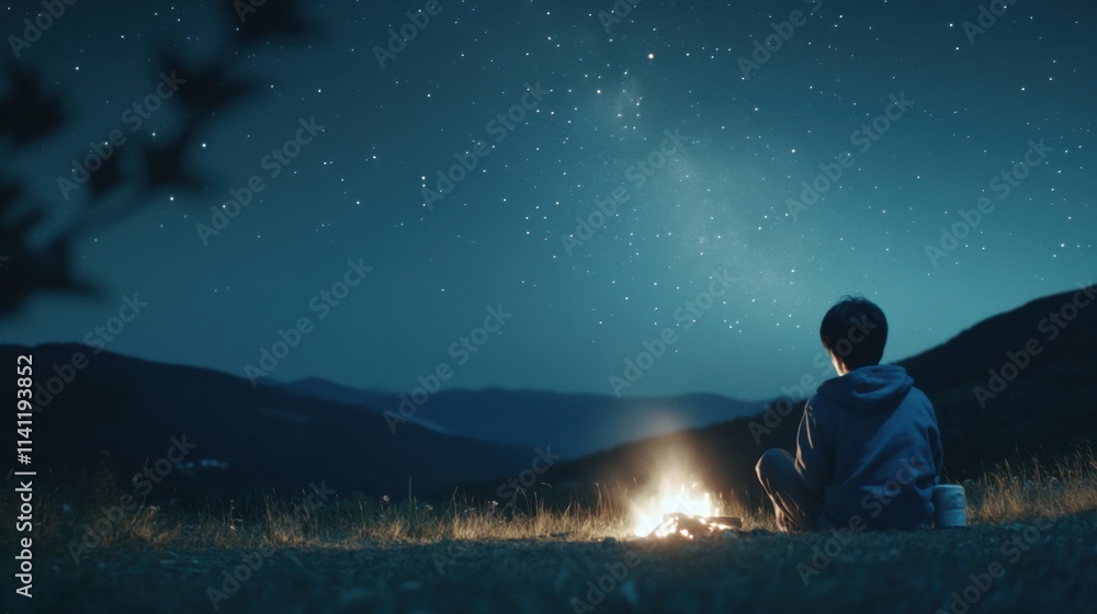 Obraz premium 澄んだ夜空の下でキャンプファイヤーをしながら星空観察アドベンチャー