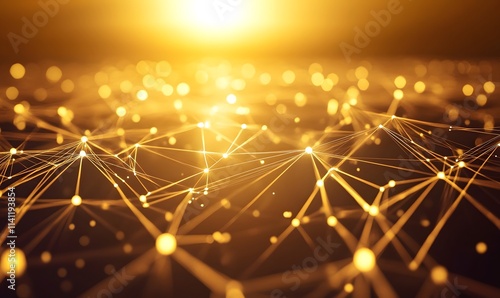 Golden glowing network of connected points with bright sun.