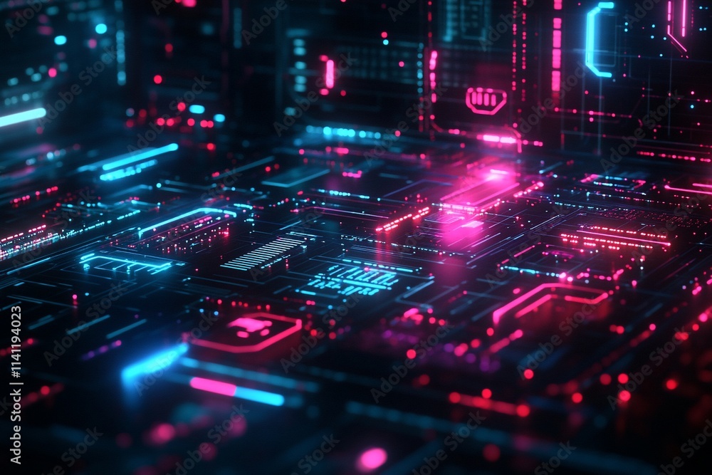 Futuristic circuit board with glowing neon lights. Futuristic circuit board with glowing neon lights.