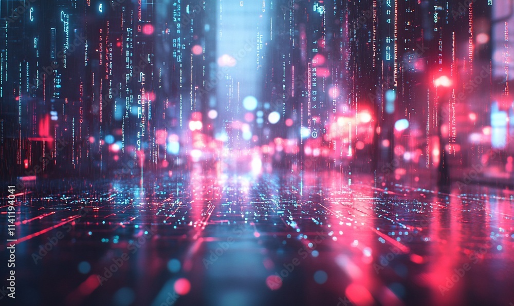 Fototapeta premium Futuristic city streetscape with digital data streams.