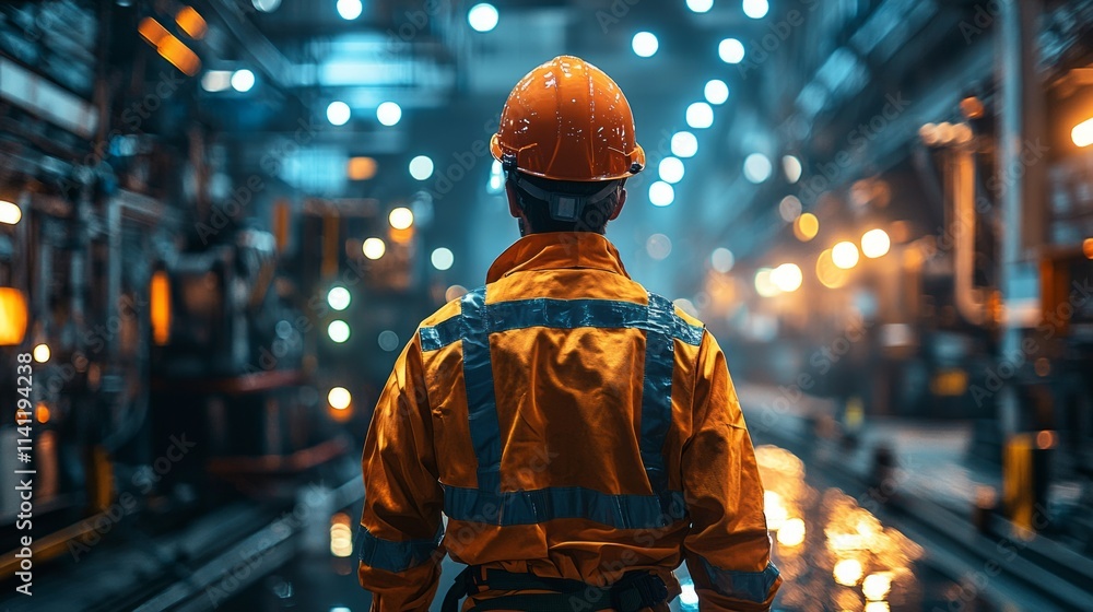 Reflective suit worker in mine: Back view of a worker in a reflective safety suit walking through an industrial underground mine tunnel, illuminated by dim industrial lights Reflective suit worker in mine: Back view of a worker in a reflective safety suit walking through an industrial underground mine tunnel, illuminated by dim industrial lights