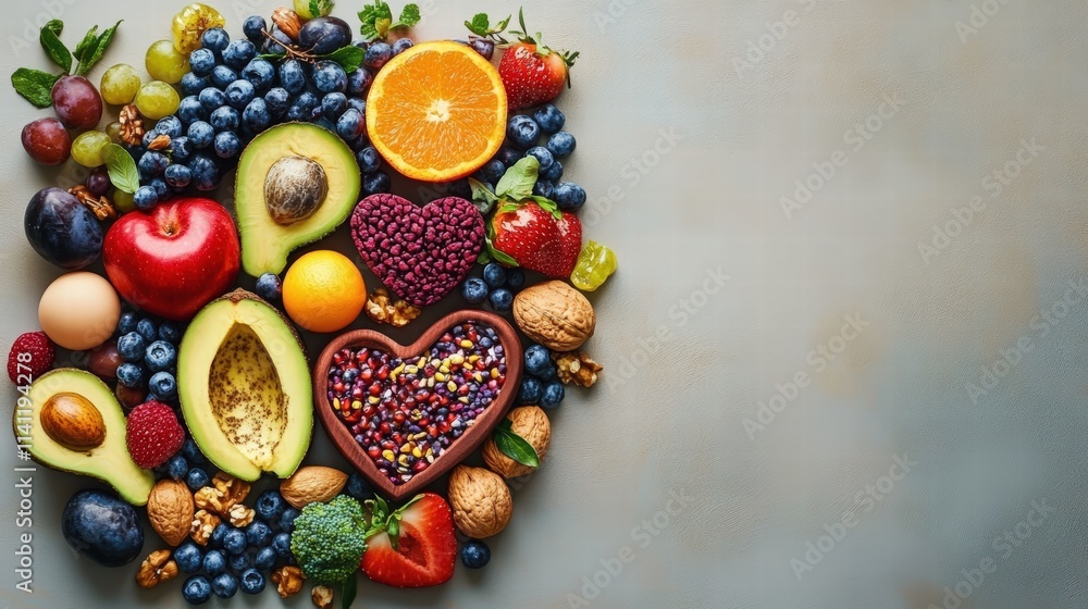 Vibrant Array of Nourishing Foods and Fruits Displayed in Heart-Shaped Bowls on a Soft Background Vibrant Array of Nourishing Foods and Fruits Displayed in Heart-Shaped Bowls on a Soft Background