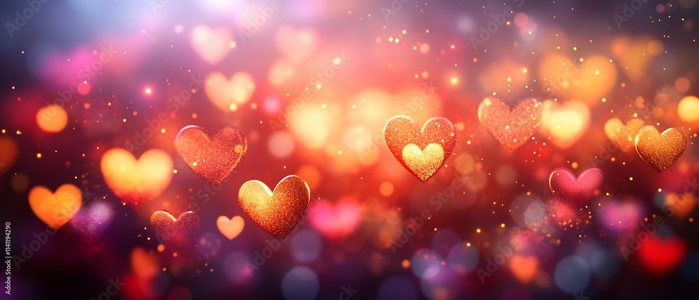 Glittering gold hearts on a vibrant bokeh background. Glittering gold hearts on a vibrant bokeh background.
