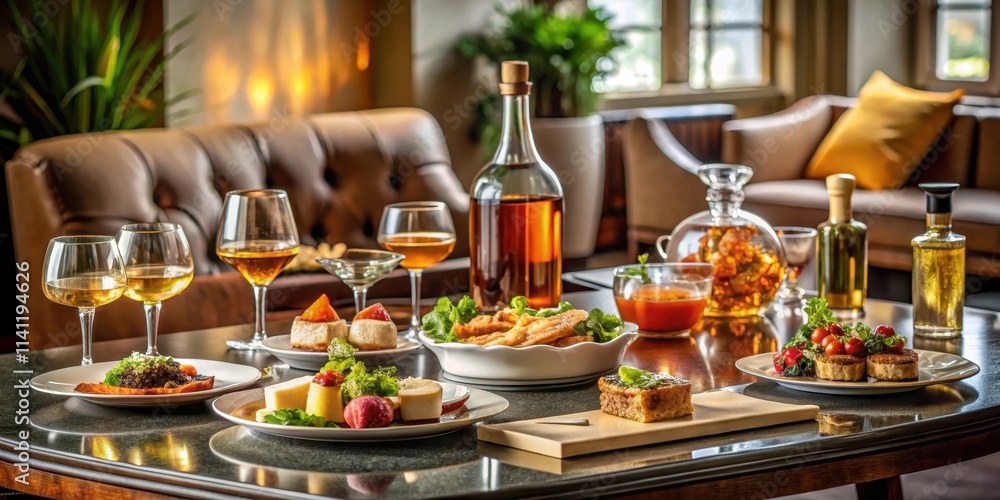 A luxurious table setting with an assortment of gourmet food, drinks, and a bottle of liquor , banquet, feast A luxurious table setting with an assortment of gourmet food, drinks, and a bottle of liquor , banquet, feast