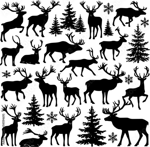 reindeer of christmas, christmas tree with reindeer, christmas tree silhouette