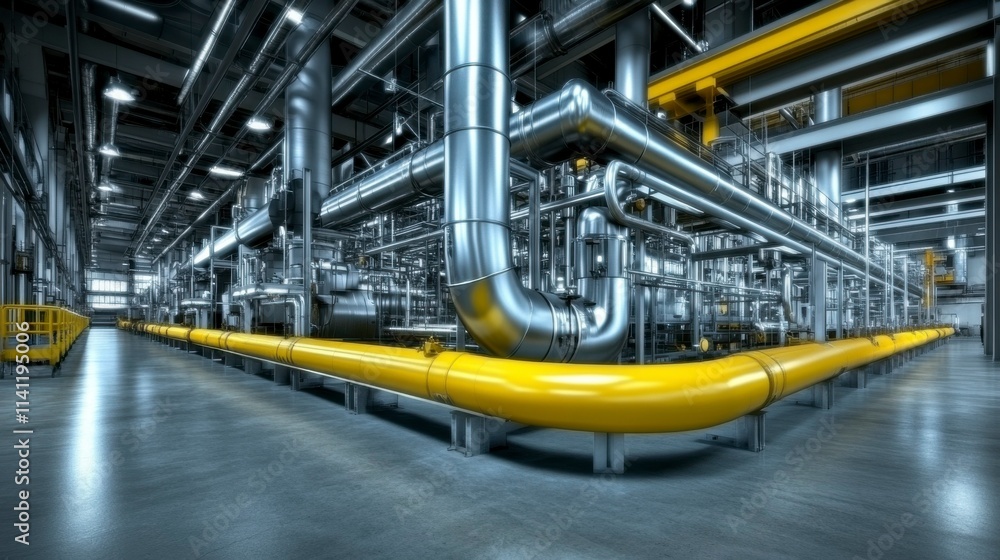 A dynamic industrial factory scene with a web of pipes and ducts, set against the backdrop of tall smokestacks and industrial buildings, illustrating the complexity of industrial systems. A dynamic industrial factory scene with a web of pipes and ducts, set against the backdrop of tall smokestacks and industrial buildings, illustrating the complexity of industrial systems.