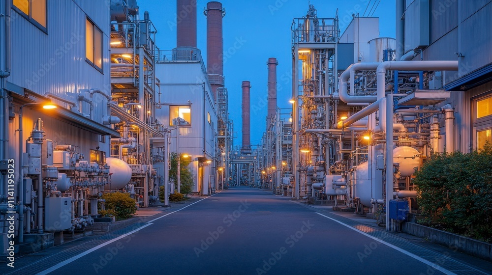 Illustration of a factory’s exterior view, with an intricate maze of pipes and ducts leading to large industrial buildings, all framed by towering smokestacks, emphasizing industrial design. Illustration of a factory’s exterior view, with an intricate maze of pipes and ducts leading to large industrial buildings, all framed by towering smokestacks, emphasizing industrial design.