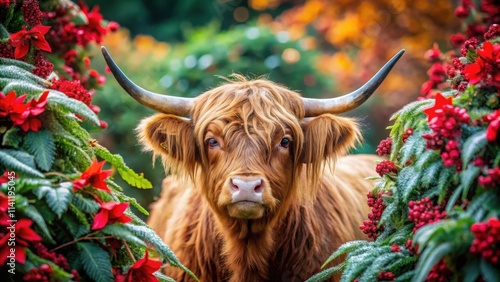 Scottish highlander cow surrounded by a vibrant explosion of Christmas flowers, Scottish, highlander cow, explosion, flowers photo