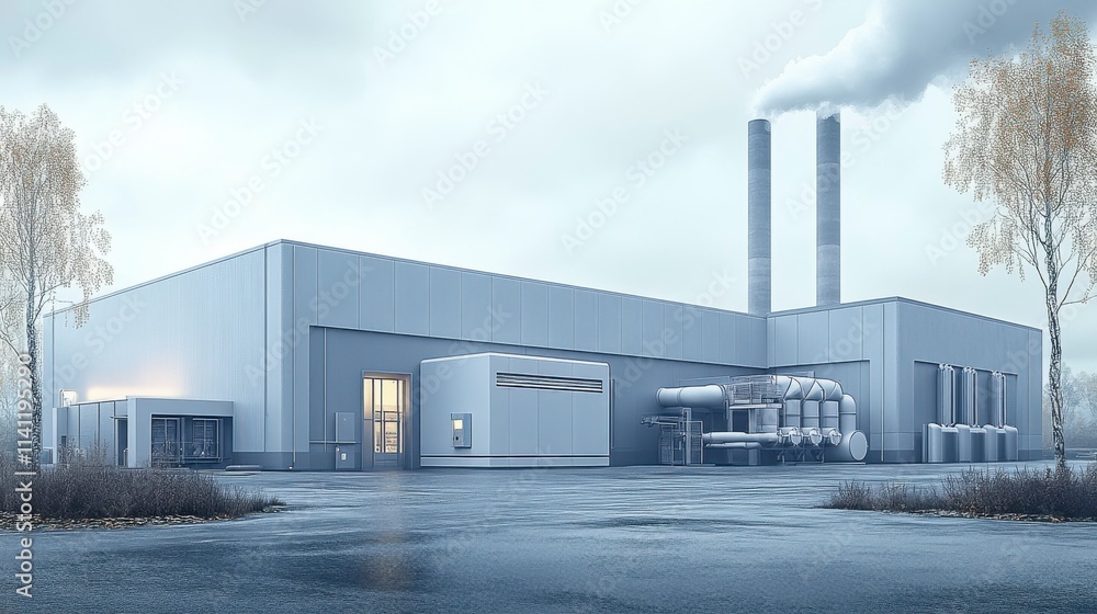 Industrial factory illustration showcasing the exterior with a complex arrangement of pipes, ducts, and large buildings, set against smokestacks, representing the power of modern industry. Industrial factory illustration showcasing the exterior with a complex arrangement of pipes, ducts, and large buildings, set against smokestacks, representing the power of modern industry.