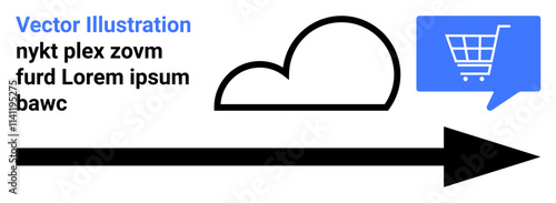 Cloud outline, right-pointing arrow, blue speech bubble with shopping cart. Ideal for online shopping, cloud computing, digital marketing, e-commerce, internet services, tech navigation, web design