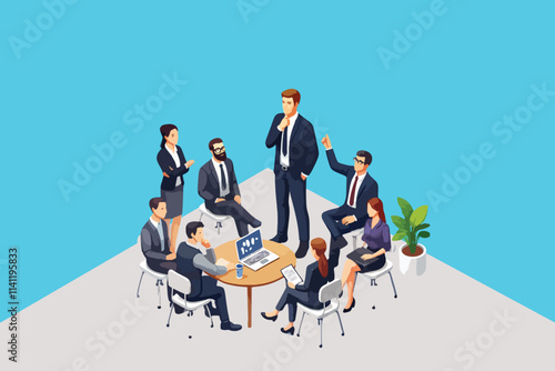 Strategic Vision, Collaborative Brainstorming Session with Business Leaders and Colleagues in an Isometric Perspective