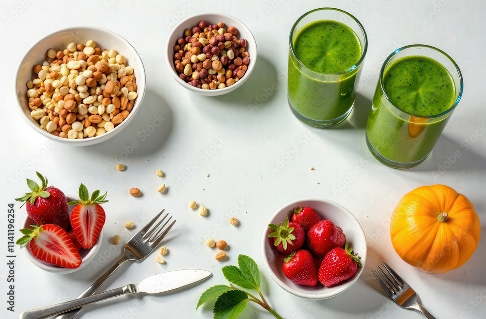 Healthy breakfast with nut mix, green smoothies, fresh strawberries, and mini pumpkin Healthy breakfast with nut mix, green smoothies, fresh strawberries, and mini pumpkin