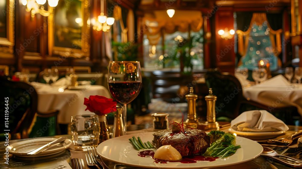 Elegant restaurant table with steak, wine and rose. Elegant restaurant table with steak, wine and rose.