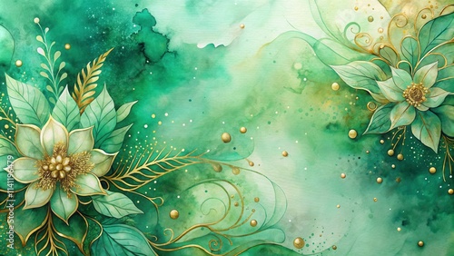 Green abstract watercolor painting with gold accents and delicate flower patterns, created using fluid paints, watercolor, painting