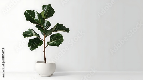 Ficus Lyrata or Fiddle leaf fig grown in a white Pot, Modern indoor plant isolated on a transparent background