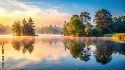Morning mist over a tranquil lake surrounded by trees , foggy, sunrise, peaceful, nature, fog, serene, tranquil, misty
