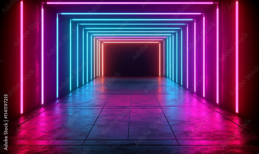 Neon tunnel with vibrant lights and dark background. Neon tunnel with vibrant lights and dark background.
