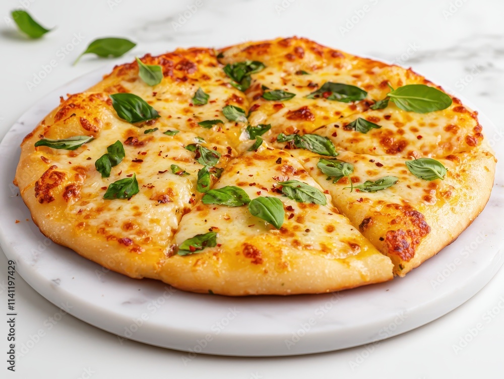 Freshly Baked Cheese Pizza Topped with Basil Leaves on White Marble Background Italian food Freshly Baked Cheese Pizza Topped with Basil Leaves on White Marble Background Italian food