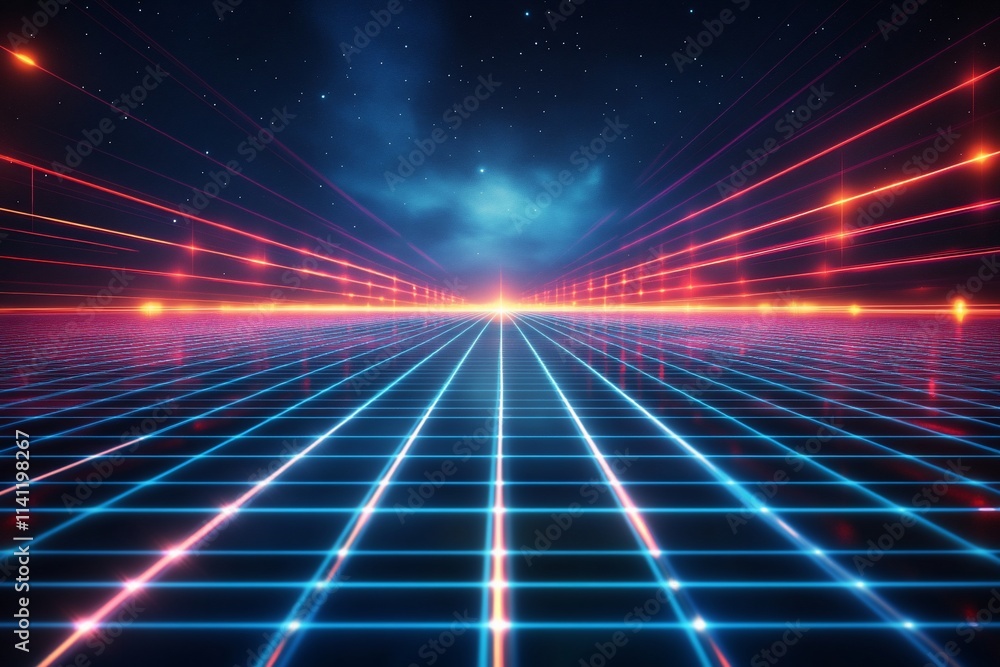 Retro futuristic grid landscape with neon lights and stars. (1) Retro futuristic grid landscape with neon lights and stars. (1)