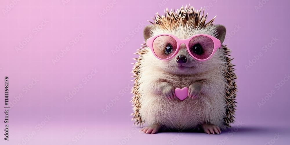 Obraz premium Adorable Chubby Hedgehog hold Pink Heart and Pink Sunglasses for Valentine's Day Banner Celebrate Card