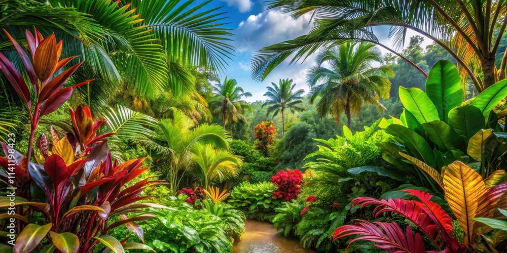 Fototapeta premium Tropical setting with lush and colorful foliage, tropical, vibrant, colorful, foliage, exotic, leaves, jungle, paradise