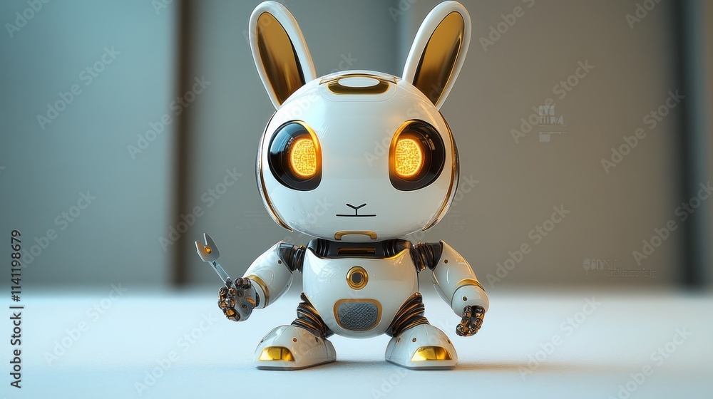 A cute robotic bunny with glowing eyes, holding a tool, blending technology and charm. A cute robotic bunny with glowing eyes, holding a tool, blending technology and charm.
