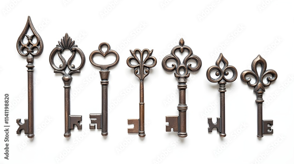 Set of old iron keys with decorative designs. white background. Set of old iron keys with decorative designs. white background.