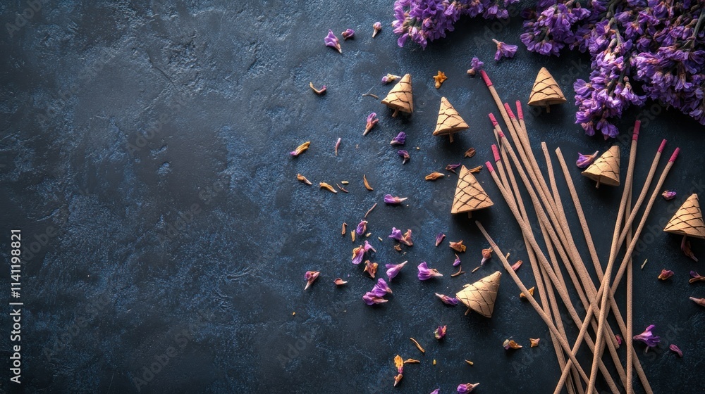 Obraz premium Variety of cone-shaped incense sticks and dried violet flowers on a dark background. Health care concept. 