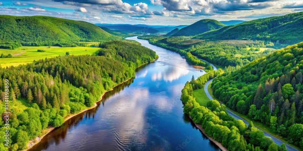 Naklejka premium Aerial view of The Malbaie River surrounded by lush greenery in Quebec, Canada, river, Malbaie River, aerial view, Quebec