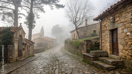 Heavy Fog Enveloping an Old European Village with Cobblestone Streets