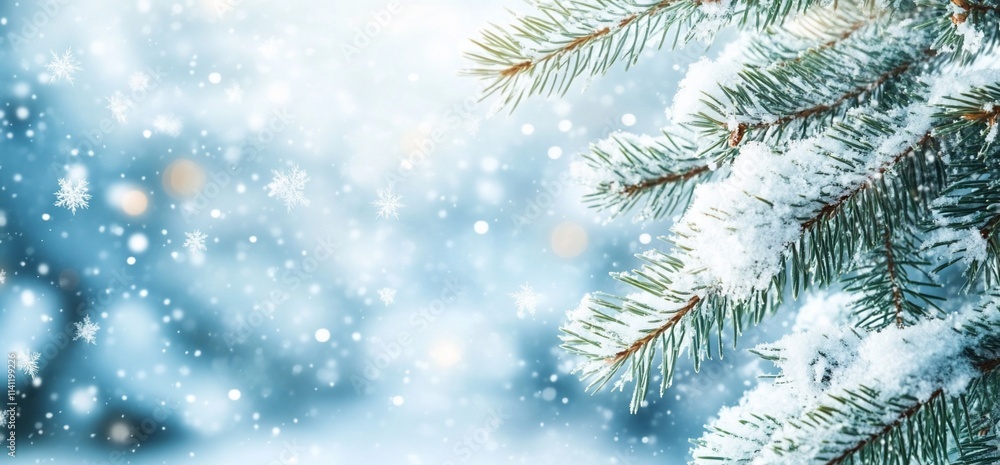 Snow-covered pine branch against a bokeh background. Snow-covered pine branch against a bokeh background.