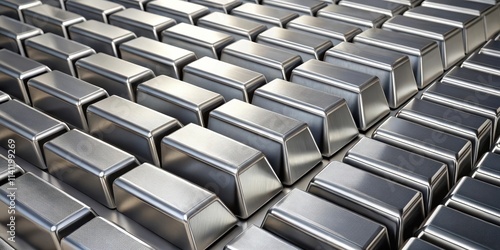 Rows of fine rhenium bars with one on top. rendering, rhenium, bars, rows, metal, shiny, industrial, precious, element