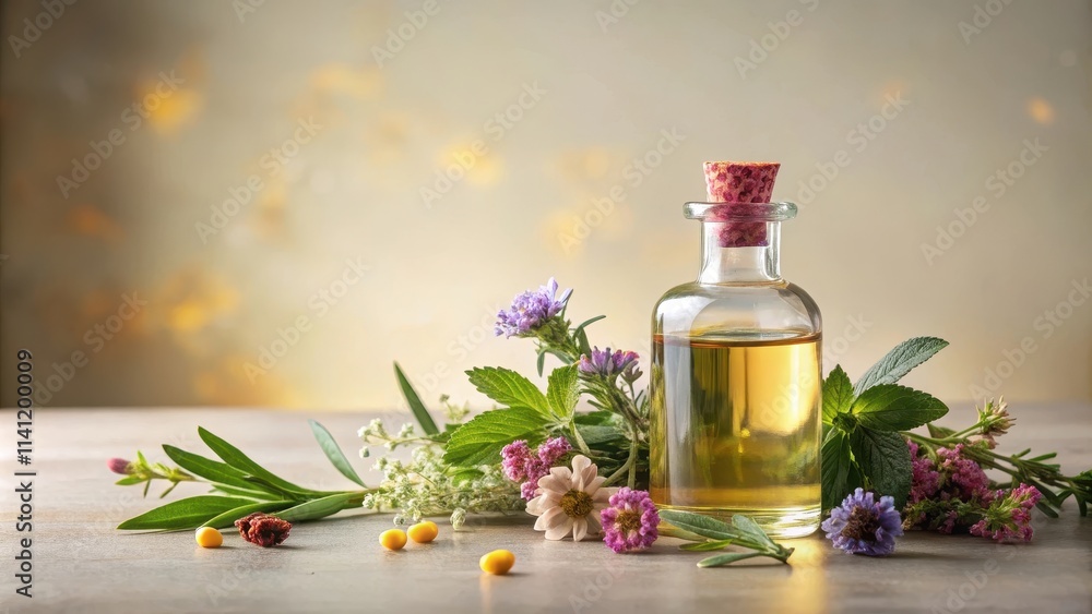 Aromatic botanicals arranged artfully on a neutral light background, featuring an elegant glass bottle with herbal essential oil , botanicals, aromatic Aromatic botanicals arranged artfully on a neutral light background, featuring an elegant glass bottle with herbal essential oil , botanicals, aromatic