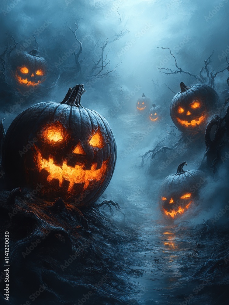 Halloween Border Design Template with Creepy Elements Ghostly Pumpkins and Spooky Trees