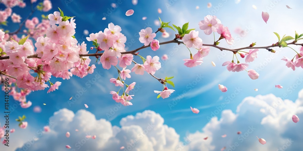 Soft pink sakura petals fall gently from a bare branch against a calm blue sky with fluffy white clouds and lush greenery in the background , spring, flowers Soft pink sakura petals fall gently from a bare branch against a calm blue sky with fluffy white clouds and lush greenery in the background , spring, flowers
