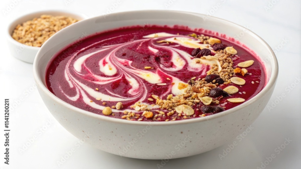 A closeup of a smoothie bowl topped with beetroot juice with swirling patterns created by the vibrant liquid. In the creaminess faint outlines of runners are hidden inviting A closeup of a smoothie bowl topped with beetroot juice with swirling patterns created by the vibrant liquid. In the creaminess faint outlines of runners are hidden inviting