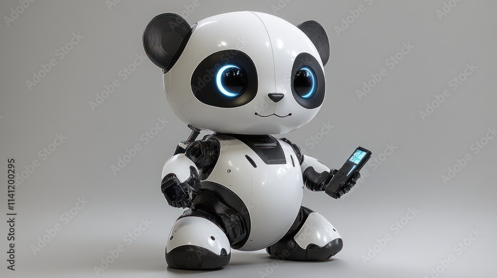 A cute robotic panda holding a smartphone, designed for companionship and interaction. A cute robotic panda holding a smartphone, designed for companionship and interaction.