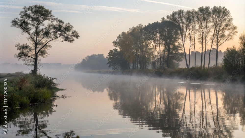 Early morning fog over a calm river with reflections of trees Early morning fog over a calm river with reflections of trees