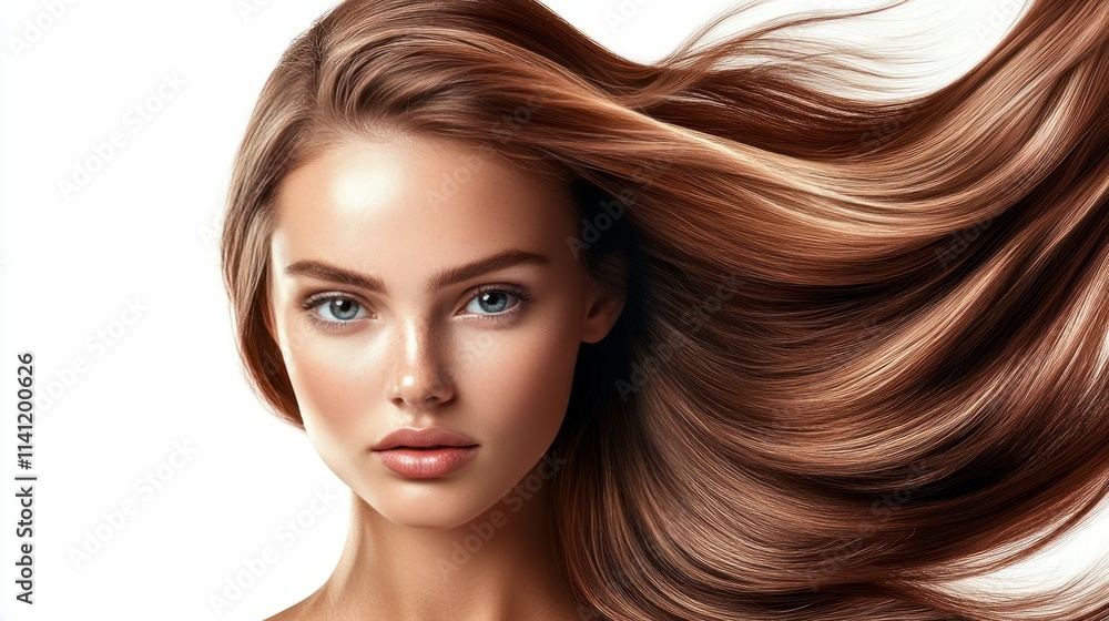 Woman face with hair motion on white background isolated close up portrait Woman face with hair motion on white background isolated close up portrait