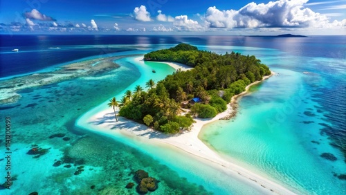 Aerial view of Paradise Island with crystal-clear turquoise waters and white sandy beaches surrounding it perfectly surrounded by nature, nature, paradise island views