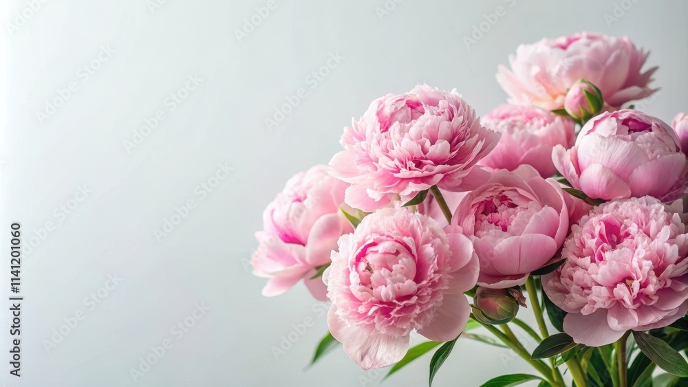 Softly blooming pink peonies against a serene white background, blooming flowers Softly blooming pink peonies against a serene white background, blooming flowers