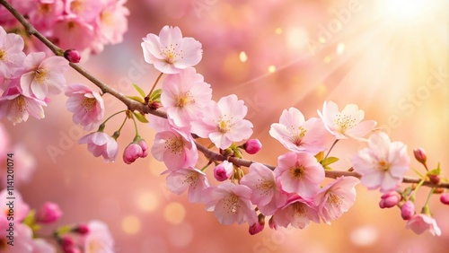 Delicate pink cherry blossoms sway gently in the soft morning breeze against a warm tender background , floral arrangement, serene scene