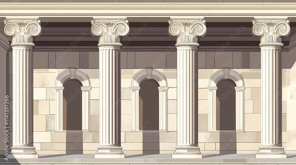 Obraz premium Vector graphic of an antique colonnade with ionic columns and three arched niches. Ionic. Illustration