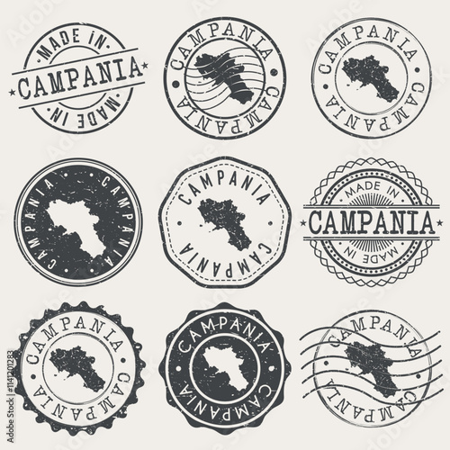 Campania, Italy Set of Stamps. Country Travel Marks. Made In Product. Design Seals Old Style Insignia.