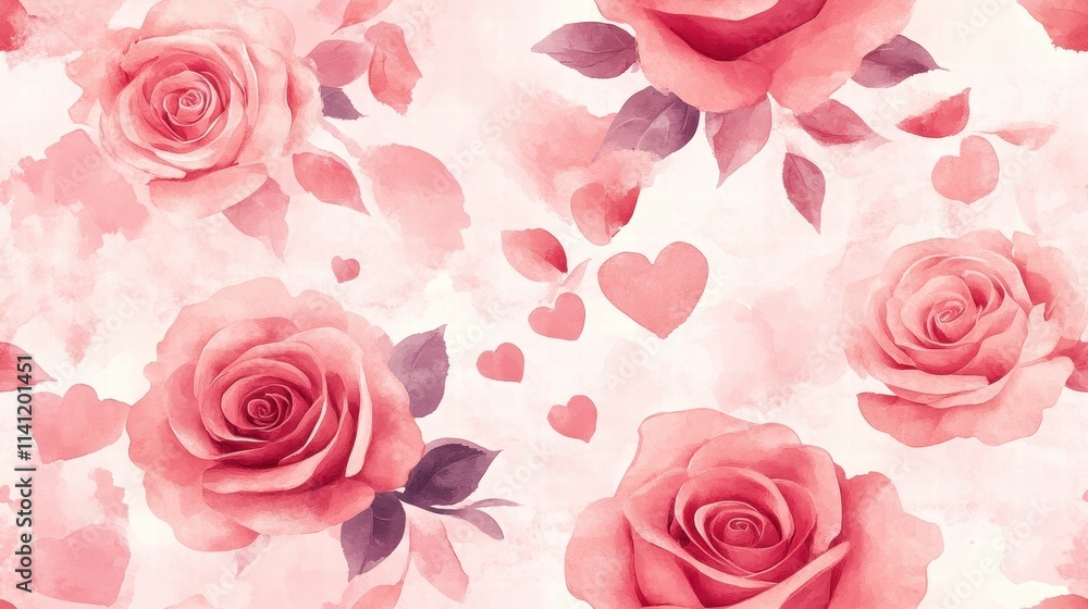 Valentine Romance: Seamless Pattern with Roses, Hearts, and Watercolor Textures in Soft Pastel Hues Valentine Romance: Seamless Pattern with Roses, Hearts, and Watercolor Textures in Soft Pastel Hues